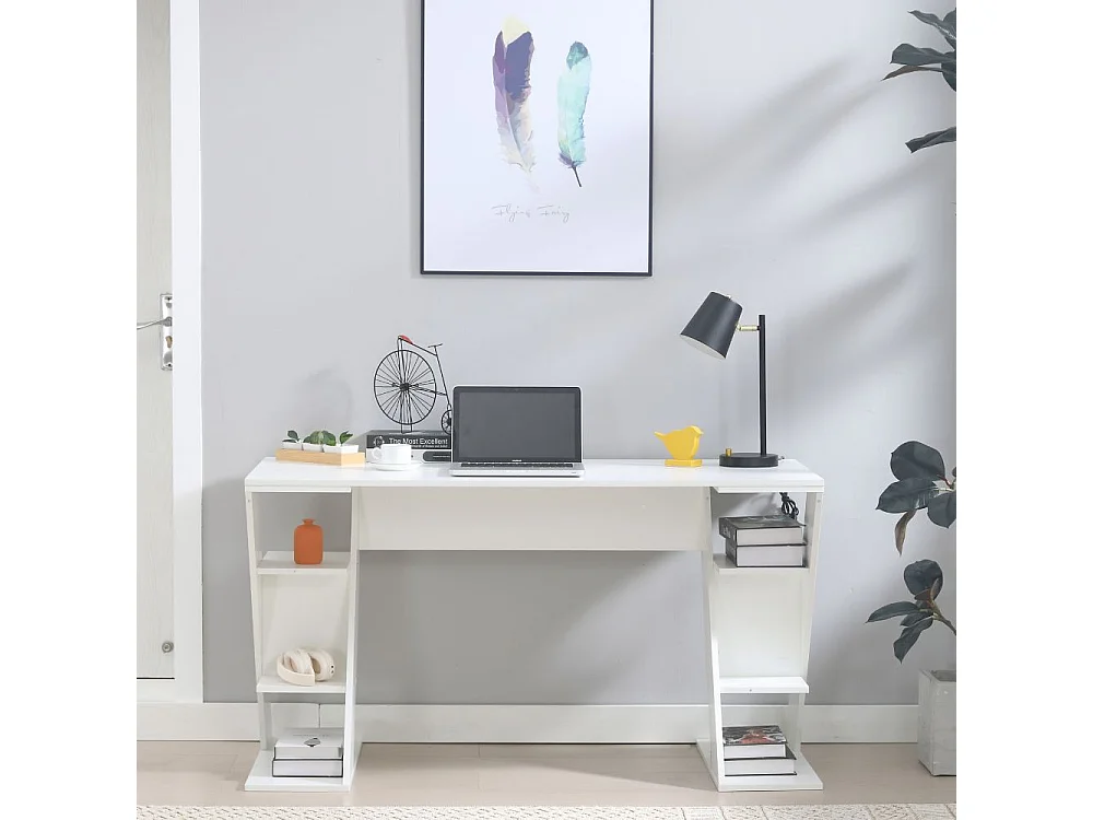 Scrivania da Ufficio Tavolo Pc in Legno, Ampio Ripiano con 6 Mensole per Casa e Studio, Bianco e Rovere cm 137x60x75h