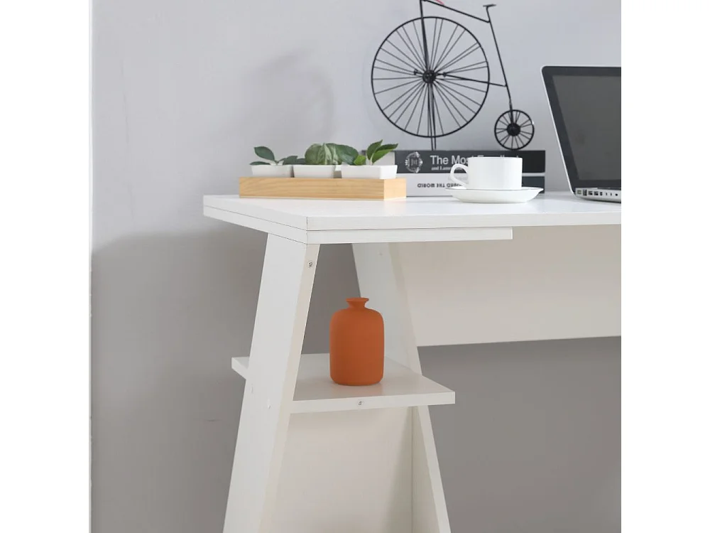 Scrivania da Ufficio Tavolo Pc in Legno, Ampio Ripiano con 6 Mensole per Casa e Studio, Bianco e Rovere cm 137x60x75h