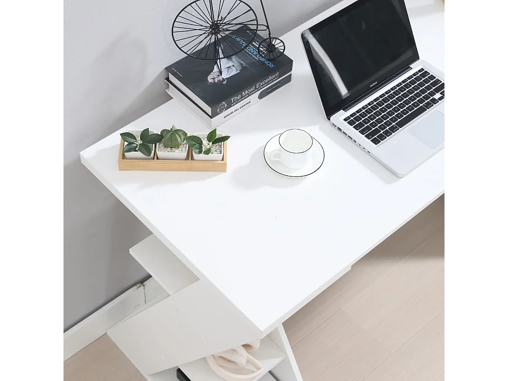 Scrivania da Ufficio Tavolo Pc in Legno, Ampio Ripiano con 6 Mensole per Casa e Studio, Bianco e Rovere cm 137x60x75h