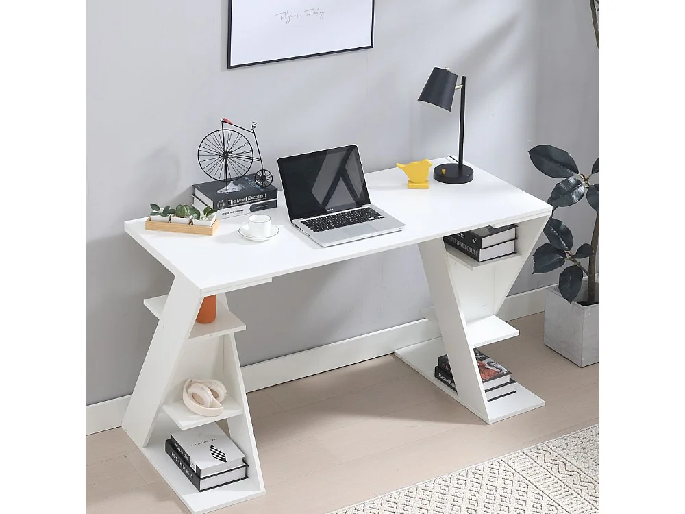 Scrivania da Ufficio Tavolo Pc in Legno, Ampio Ripiano con 6 Mensole per Casa e Studio, Bianco e Rovere cm 137x60x75h