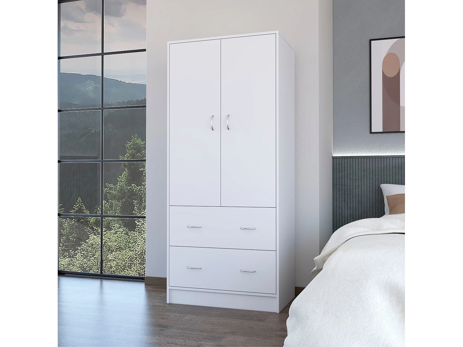 Armoire Taly en mélaminé avec 2 portes, 1 étagère, 1 tringle à vêtements et 2 tiroirs avec rails métalliques, blanc , 180.1 cm X 78.7 cm X 48.4 cm