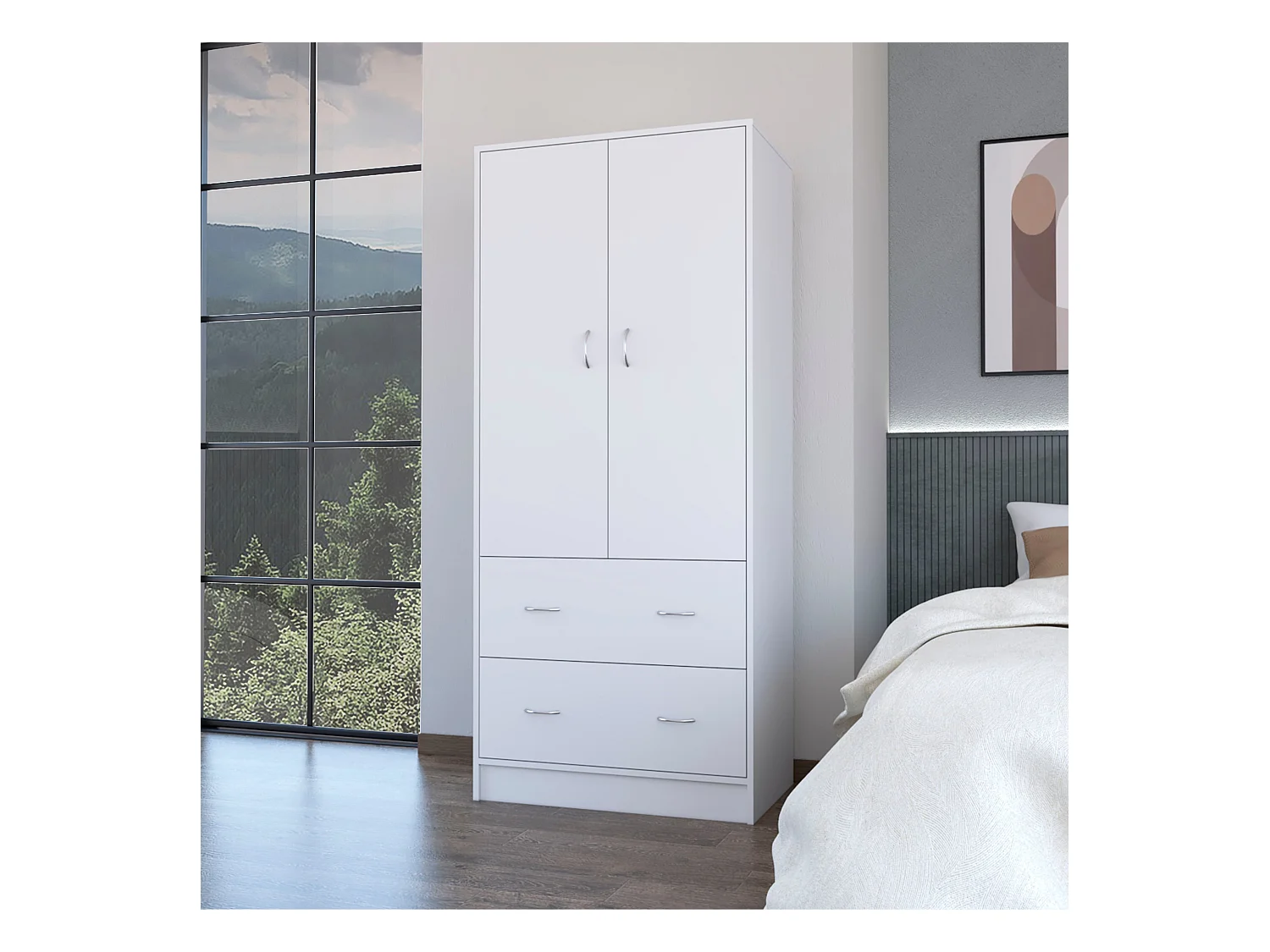 Armadio Taly in melaminico a 2 ante, 1 ripiano, 1 asta appendiabiti e 2 cassetti con guide metalliche , bianco , 180.1 cm X 78.7 cm X 48.4 cm