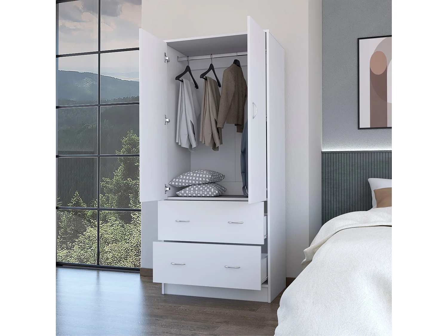 Armadio Taly in melaminico a 2 ante, 1 ripiano, 1 asta appendiabiti e 2 cassetti con guide metalliche , bianco , 180.1 cm X 78.7 cm X 48.4 cm