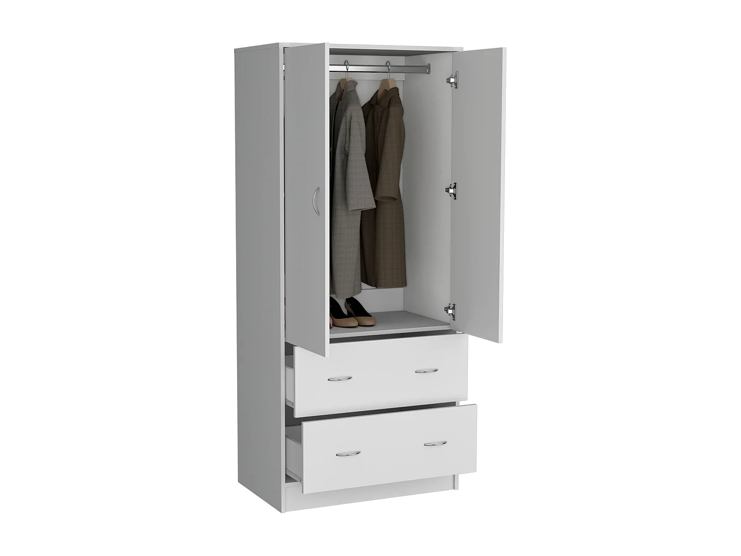 Armadio Taly in melaminico a 2 ante, 1 ripiano, 1 asta appendiabiti e 2 cassetti con guide metalliche , bianco , 180.1 cm X 78.7 cm X 48.4 cm