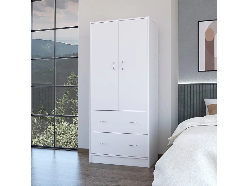 Armario Taly en melamina con 2 puertas , 1 estante , 1 barra para colgar ropa y 2 cajones con rieles metalicos , blanco , 180.1 cm  X 78.7 cm  X 48.4 cm