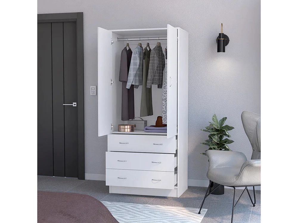 Armadio Taly in melaminico con 2 ante, 1 ripiano, 1 asta appendiabiti e 3 cassetti con guide metalliche, bianco , 180.1 cm X 78.7 cm X 48.4 cm