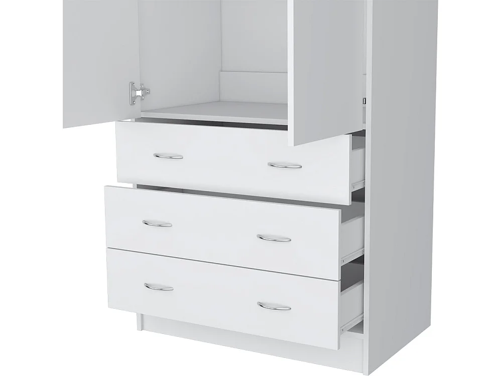 Armadio Taly in melaminico con 2 ante, 1 ripiano, 1 asta appendiabiti e 3 cassetti con guide metalliche, bianco , 180.1 cm X 78.7 cm X 48.4 cm
