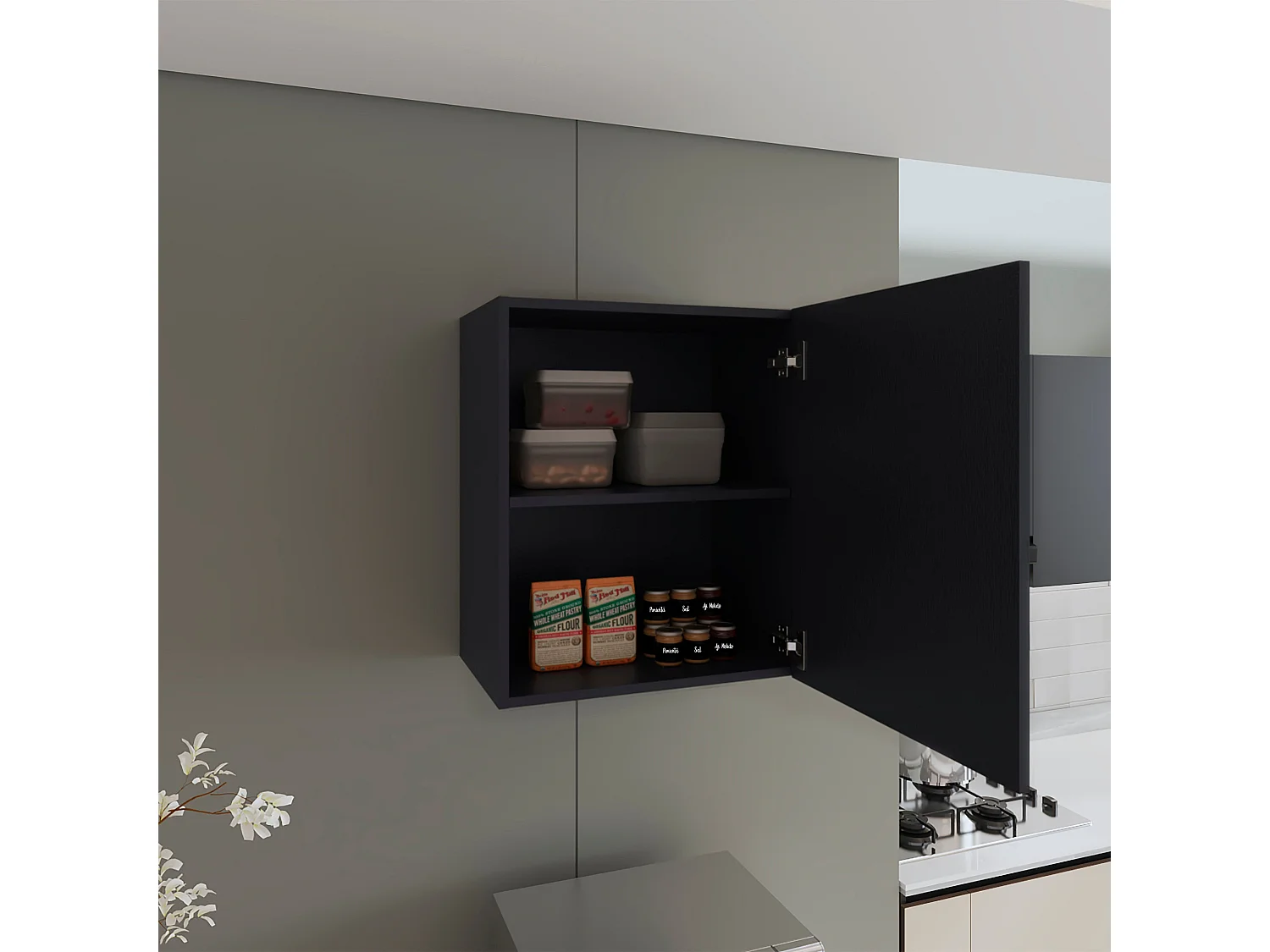 Armoire Manchester en mélaminé avec 2 étagères et 1 porte, noir , 60 cm X 50 cm X 33.5 cm