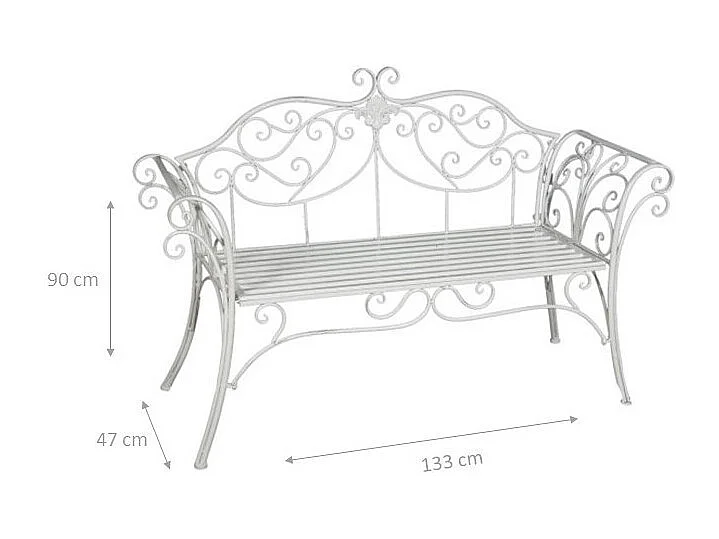 BISCOTTINI Banc – Fer Forgé Finition Blanc Antique – Extérieur – Banc de Jardin - Chaise ou Banc en Métal - Balcon - Terrasse – 133x47x90 cm