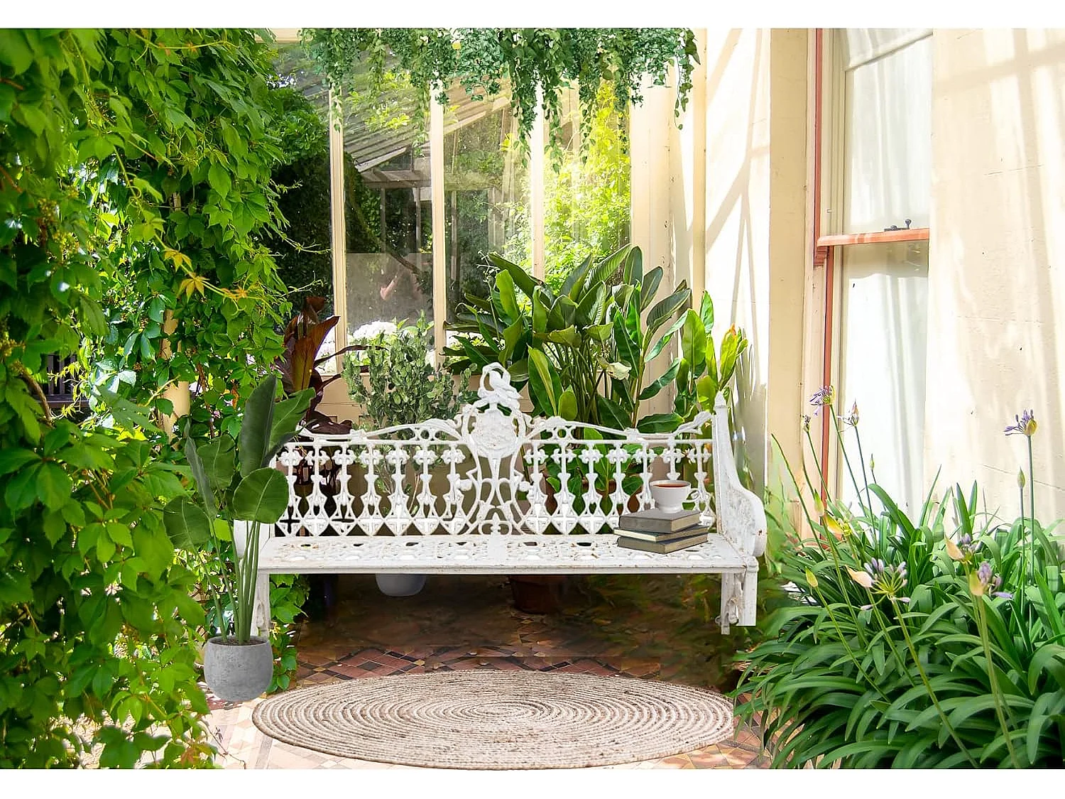 BISCOTTINI Banc – Fer Forgé Finition Blanc Antique – Extérieur – Banc de Jardin - Chaise ou Banc en Métal - Balcon - Terrasse –180 x 70 x 105 cm