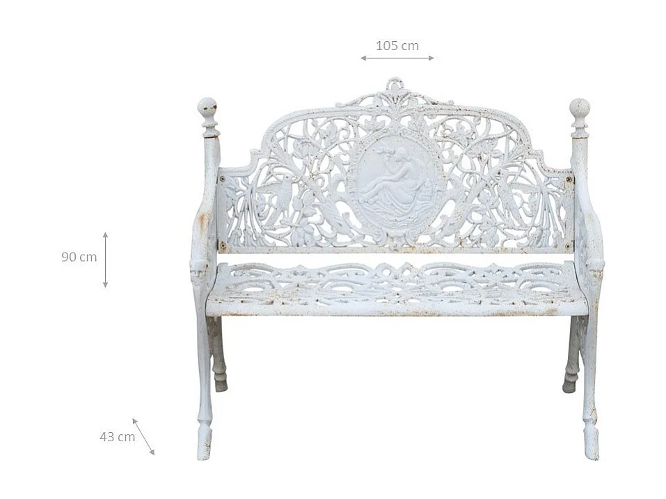 BISCOTTINI Banc – Fer Forgé Finition Blanc Antique – Extérieur – Banc de Jardin - Chaise ou Banc en Métal - Balcon - Terrasse – 105 x 43 x 90 cm