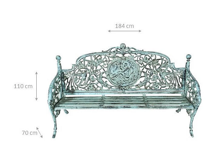 BISCOTTINI Banc – Fer Forgé Finition Antique – Extérieur – Banc de Jardin - Chaise ou Banc en Métal - Balcon - Terrasse – 184 x 70 x 110 cm