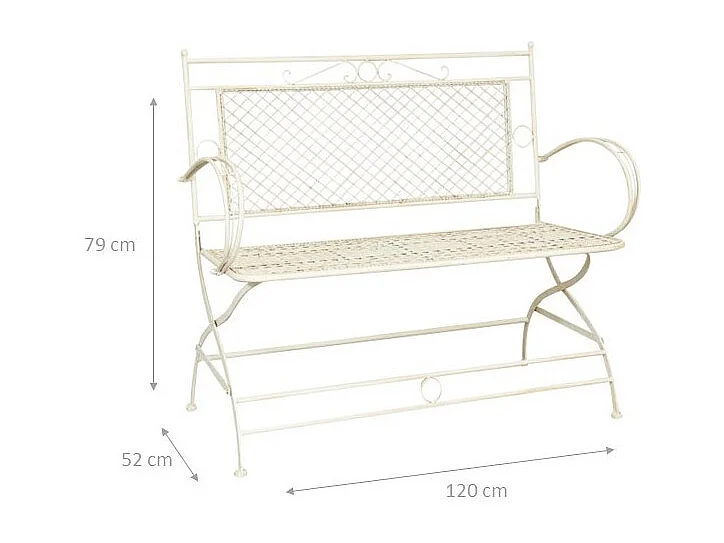 BISCOTTINI Banc – Fer Forgé Finition Blanc Antique – Extérieur – Banc de Jardin - Chaise ou Banc en Métal - Balcon - Terrasse – 120 x 52 x 79 cm