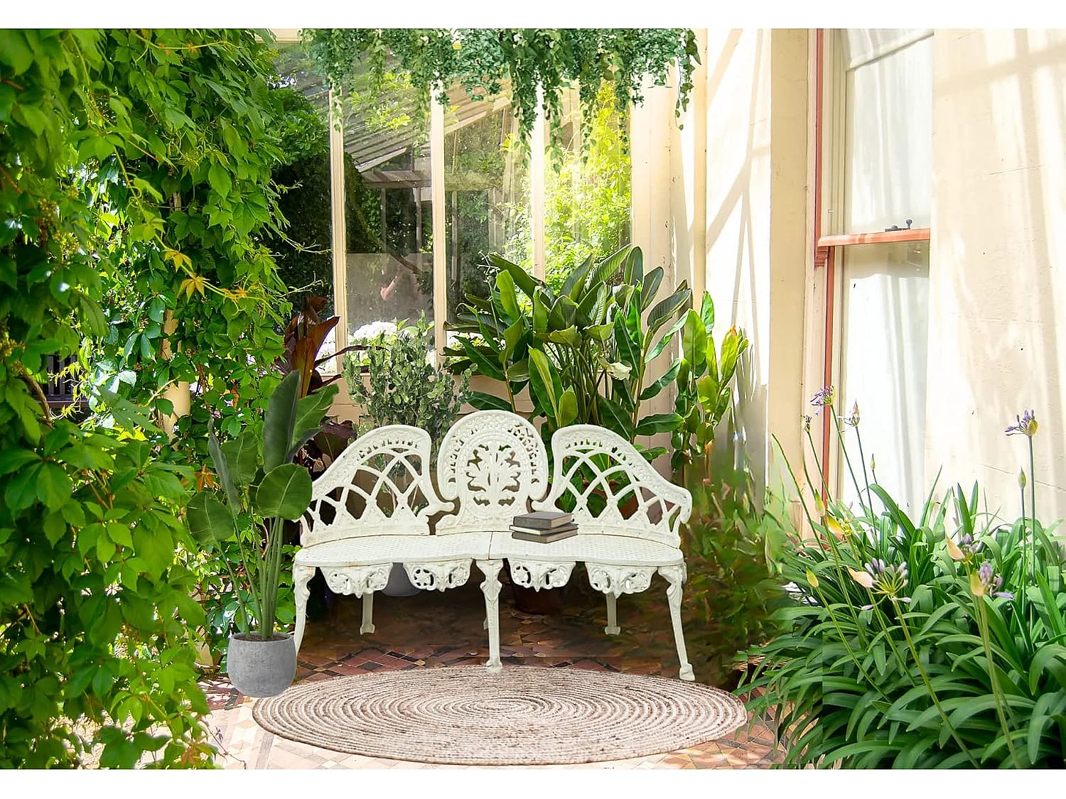 BISCOTTINI Banc – Fer Forgé Finition Blanc Antique – Extérieur – Banc de Jardin - Chaise ou Banc en Métal - Balcon - Terrasse –  130 x 50 x 82 cm