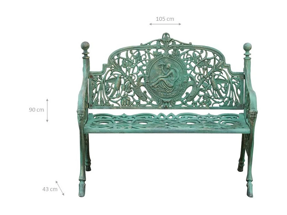 BISCOTTINI Banc – Fer Forgé Finition Vert Antique – Extérieur – Banc de Jardin - Chaise ou Banc en Métal - Balcon - Terrasse – 105x43x90 cm