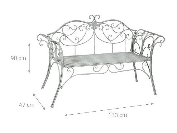 BISCOTTINI Banc – Fer Forgé Finition Argent Antique – Extérieur – Banc de Jardin - Chaise ou Banc en Métal - Balcon - Terrasse – 133 x 47 x 90 cm