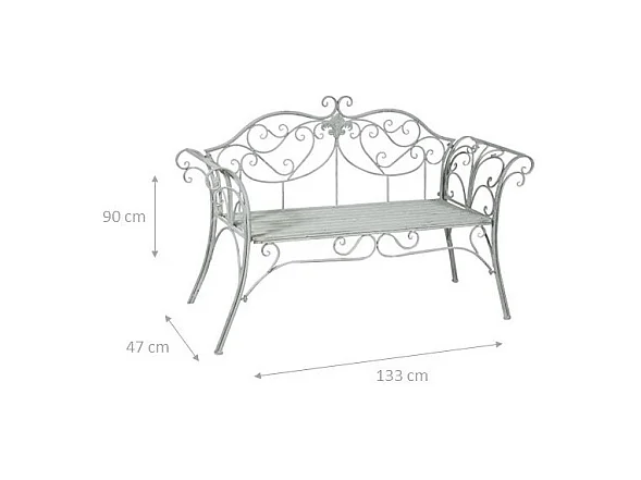 BISCOTTINI Banc – Fer Forgé Finition Argent Antique – Extérieur – Banc de Jardin - Chaise ou Banc en Métal - Balcon - Terrasse – 133 x 47 x 90 cm