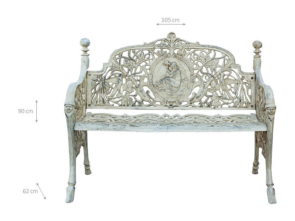 BISCOTTINI Banc – Fer Forgé Finition Blanc Antique – Extérieur – Banc de Jardin - Chaise ou Banc en Métal - Balcon - Terrasse –  105 x 62 x 90 cm