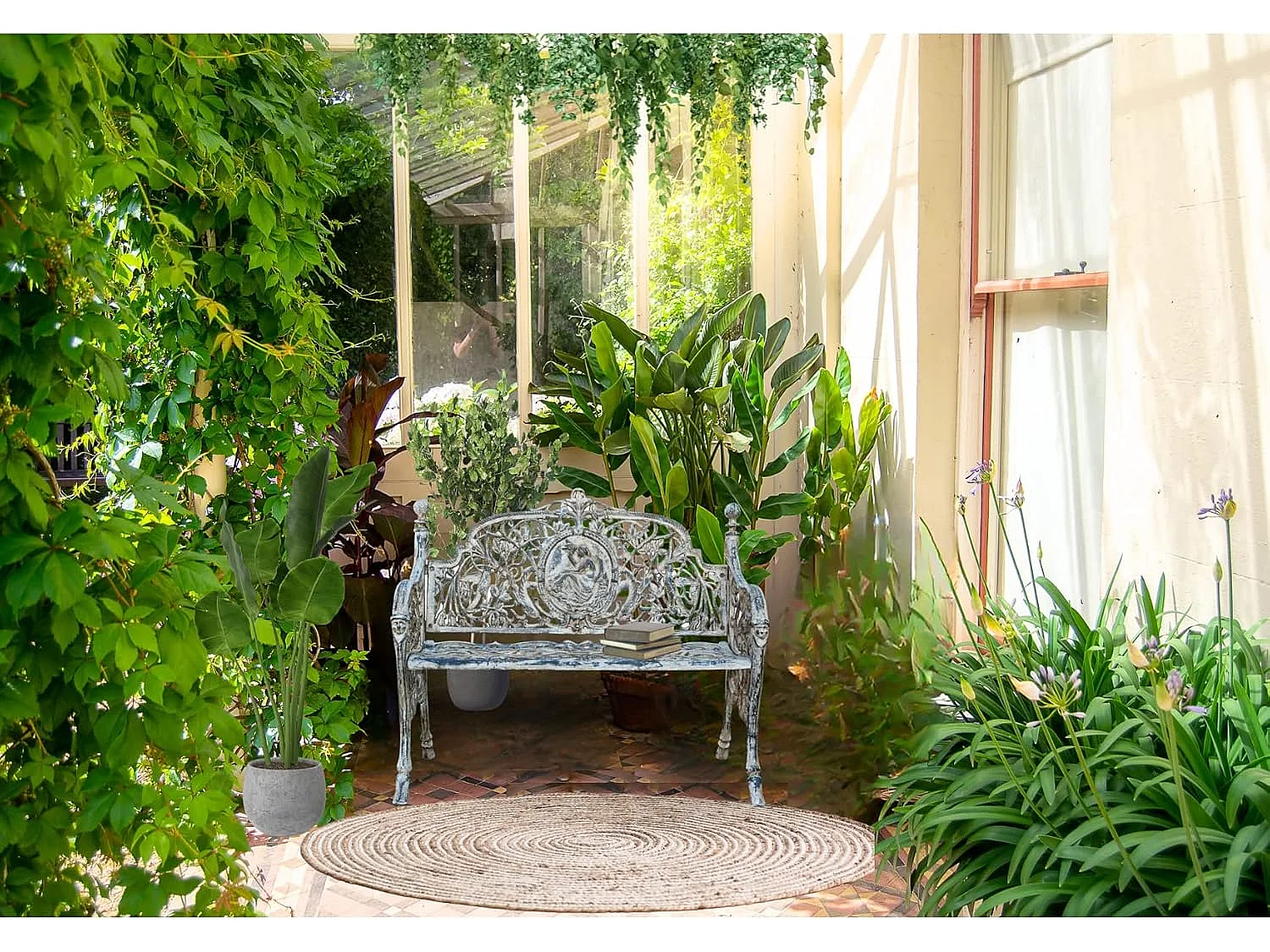 BISCOTTINI Banc – Fer Forgé Finition Blanc Antique – Extérieur – Banc de Jardin - Chaise ou Banc en Métal - Balcon - Terrasse –  105 x 62 x 90 cm