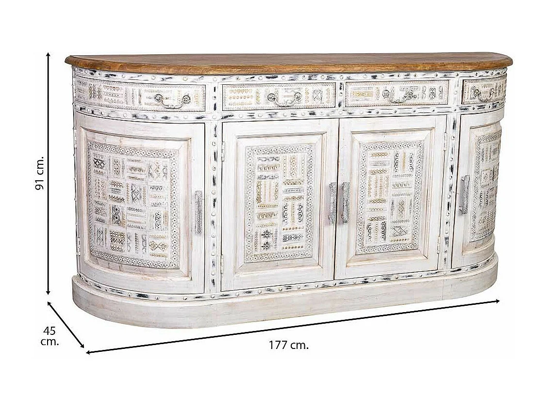 Aparador de madeira com lados curvados branca 177x45x91