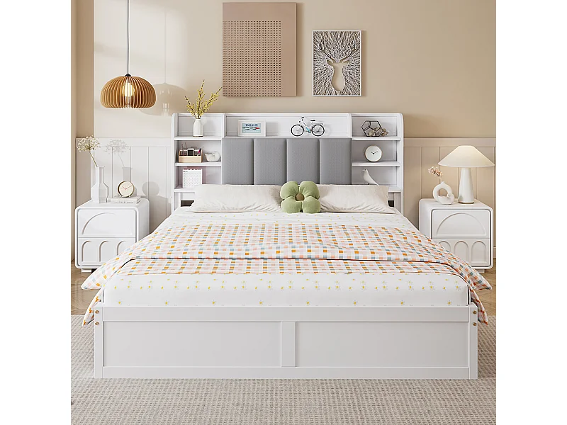 Tweepersoonsbed 160x200cm, open vakken, drie laden op wieltjes, met opbergvak, grenen + MDF + fluweel, wit + grijs