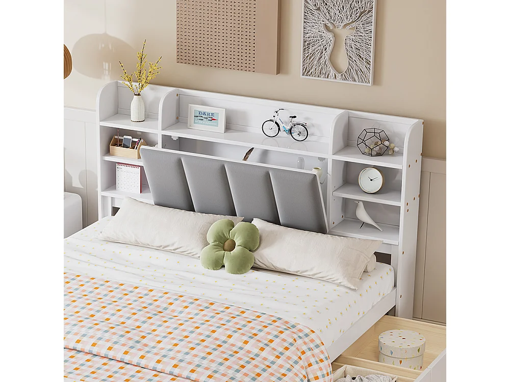 Lit double 160x200cm, étagères ouvertes, trois tiroirs sur roulettes, avec compartiment de rangement, pin + MDF + velours, blanc + gris