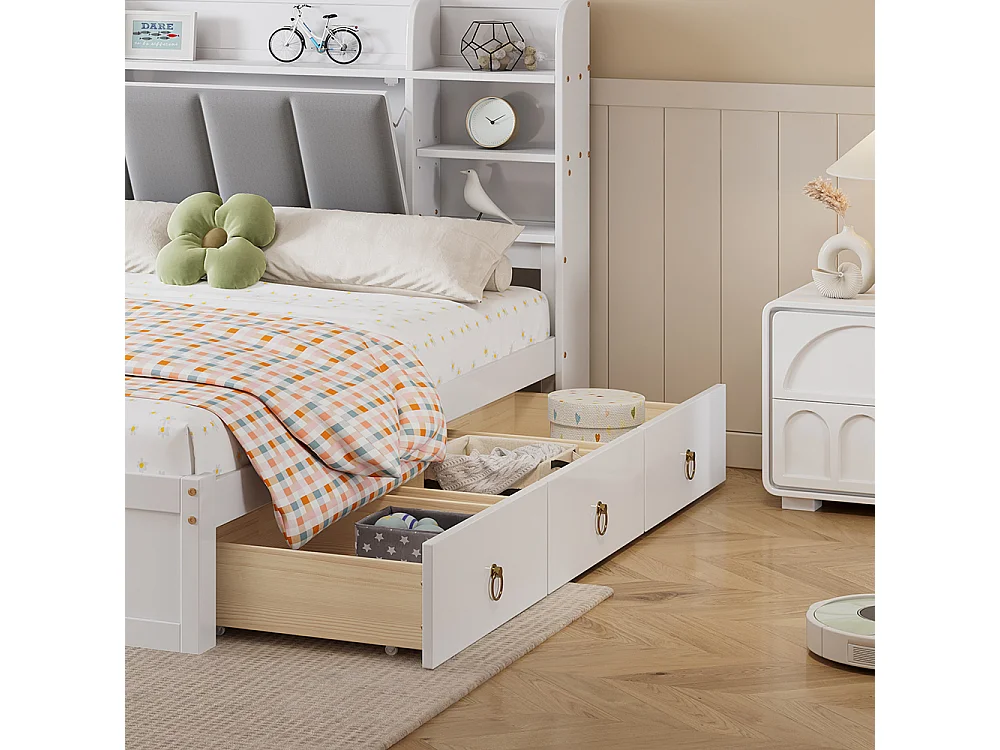 Lit double 160x200cm, étagères ouvertes, trois tiroirs sur roulettes, avec compartiment de rangement, pin + MDF + velours, blanc + gris