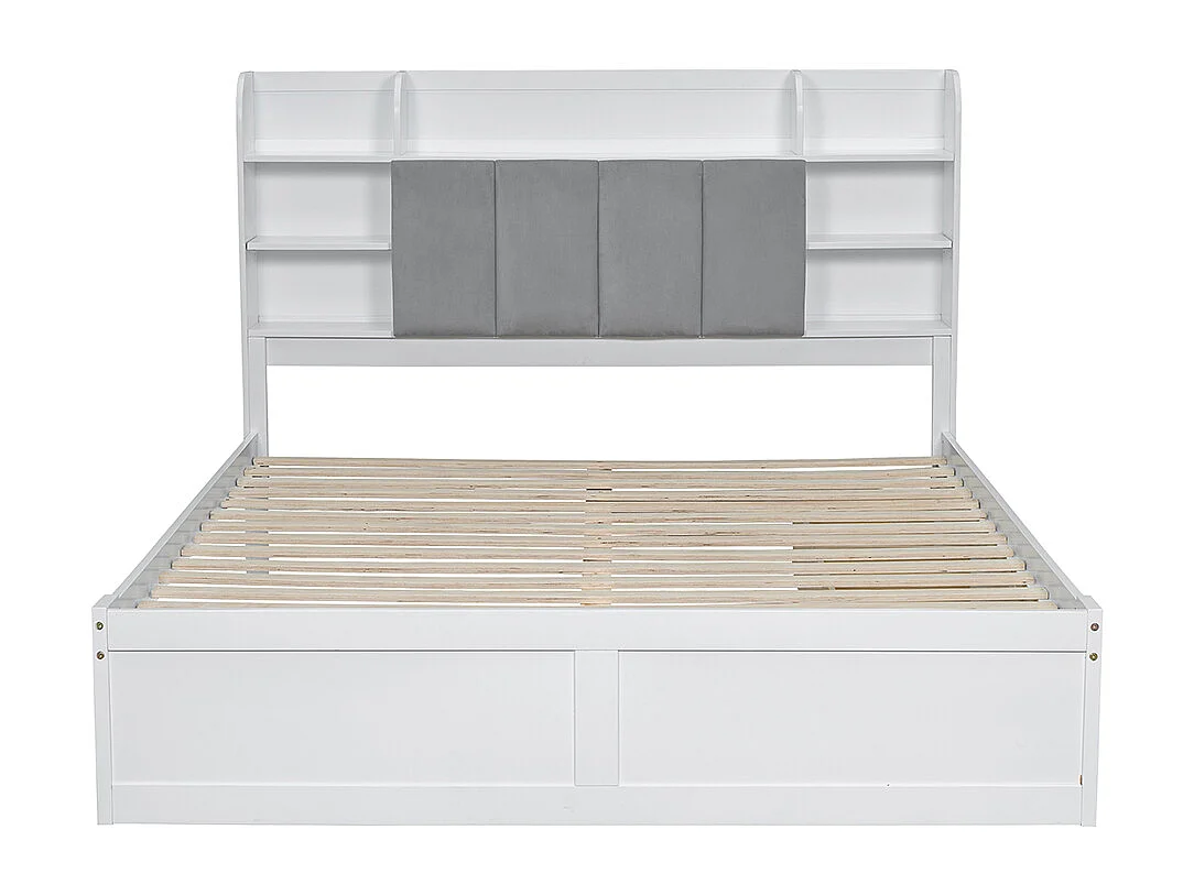 Lit double 160x200cm, étagères ouvertes, trois tiroirs sur roulettes, avec compartiment de rangement, pin + MDF + velours, blanc + gris