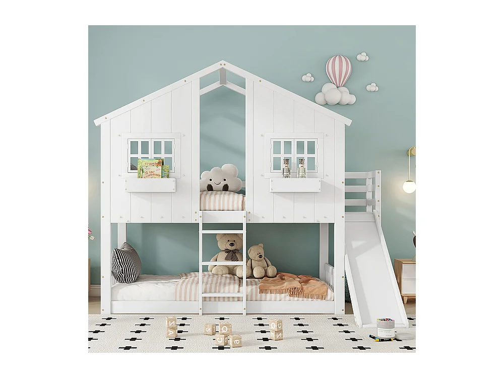 Lit superposé pour enfants 90x200 cm, avec toboggan pour enfants, toit et fenêtre, porte de sécurité, échelle à trois marches, pin + MDF, blanc