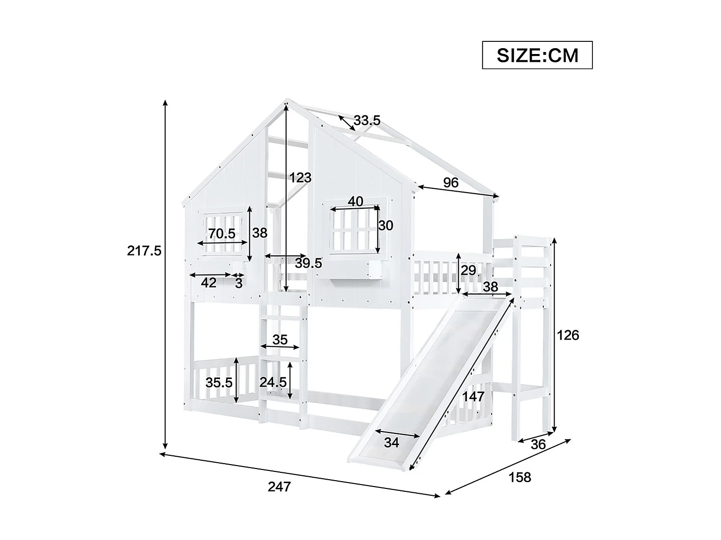 Kinder-Etagenbett 90x200 cm, mit Kinderrutsche, Dach und Fenster, Sicherheitstür, Leiter mit drei Stufen, Kiefer + MDF, weiß