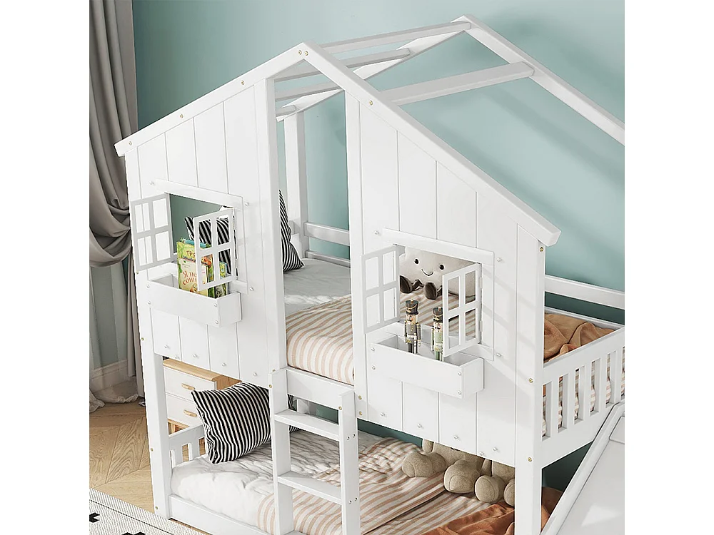 Kinder-Etagenbett 90x200 cm, mit Kinderrutsche, Dach und Fenster, Sicherheitstür, Leiter mit drei Stufen, Kiefer + MDF, weiß