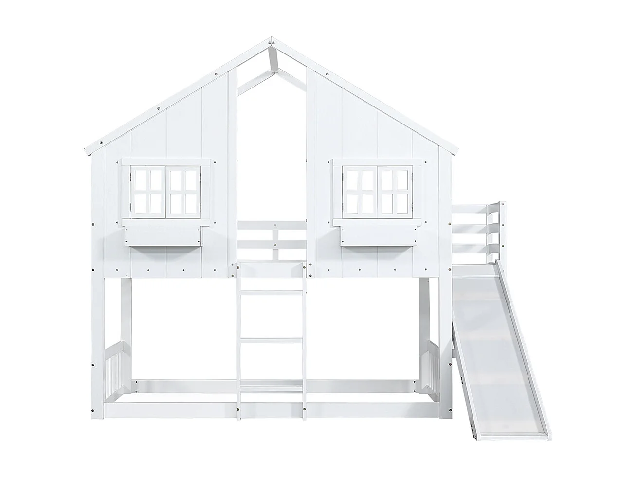 Kinder-Etagenbett 90x200 cm, mit Kinderrutsche, Dach und Fenster, Sicherheitstür, Leiter mit drei Stufen, Kiefer + MDF, weiß