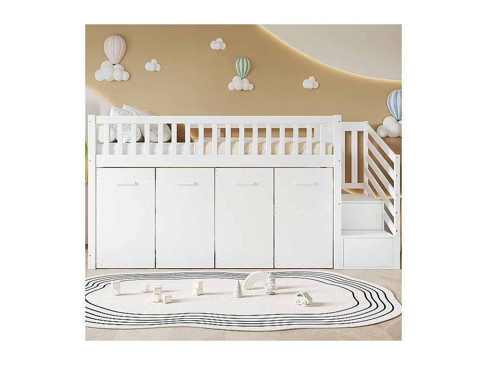 Kinderstapelbed 90x200 cm, multifunctioneel bed met reling, bureau/kast met 2 opbergkasten, grenen + MDF, wit