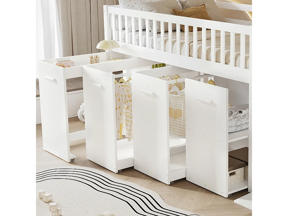 Lit superposé pour enfants 90x200 cm , lit multifonctionnel avec garde-corps, bureau/penderie/armoire avec 2 armoires de rangement, pin + MDF, blanc