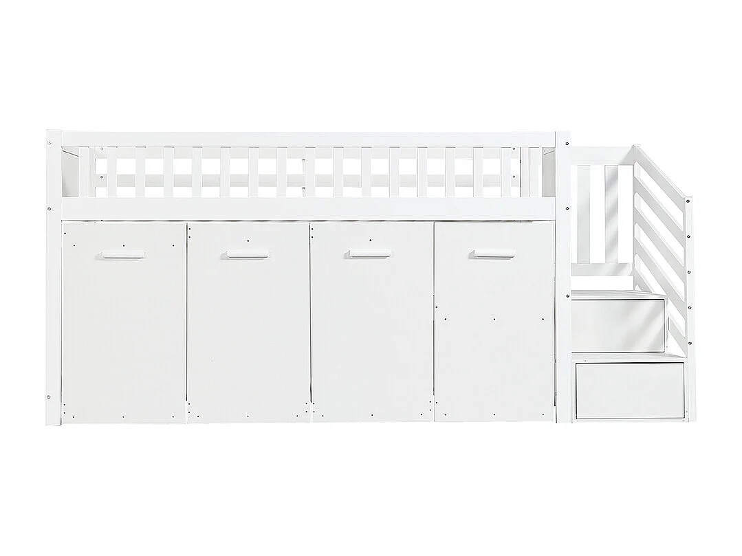 Lit superposé pour enfants 90x200 cm , lit multifonctionnel avec garde-corps, bureau/penderie/armoire avec 2 armoires de rangement, pin + MDF, blanc