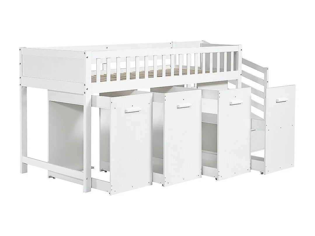 Lit superposé pour enfants 90x200 cm , lit multifonctionnel avec garde-corps, bureau/penderie/armoire avec 2 armoires de rangement, pin + MDF, blanc