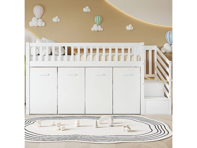 Litera infantil 90x200 cm, cama multifuncional con barandilla, escritorio/armario con 2 armarios, pino + MDF, blanco