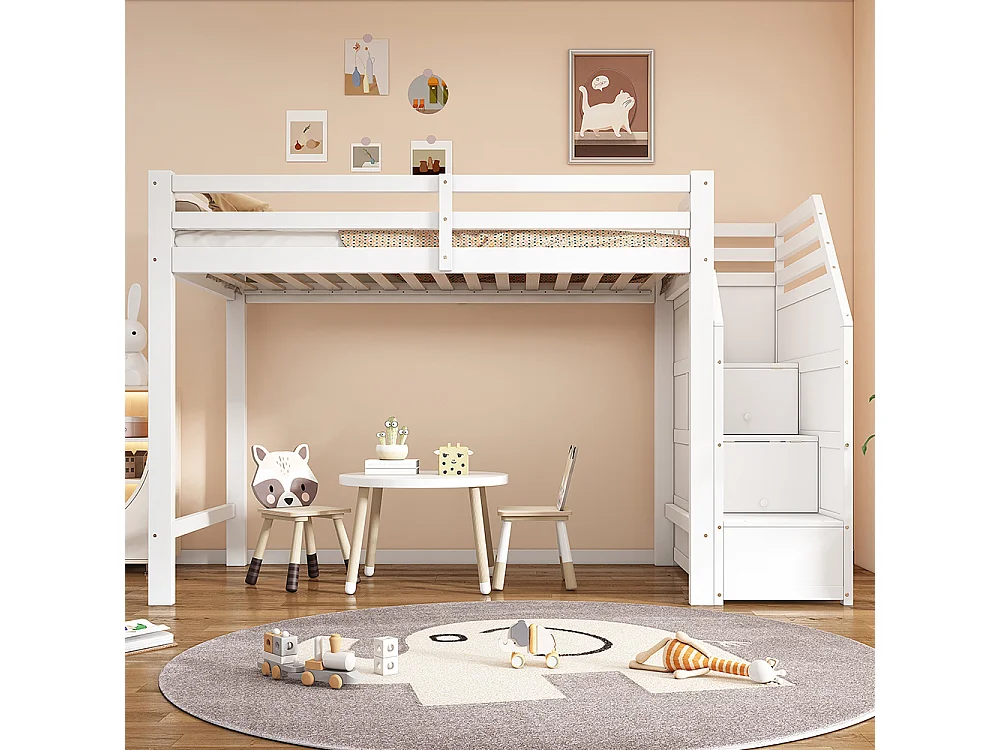 Lit en mezzanine 90x200 cm, avec sommier à lattes, rails, marches escamotables, espace librement combinable sur demande, certifié EN 747, blanc