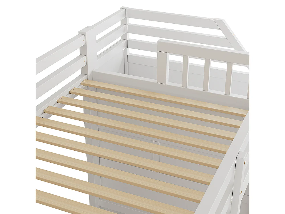 Lit en mezzanine 90x200 cm, avec sommier à lattes, rails, marches escamotables, espace librement combinable sur demande, certifié EN 747, blanc