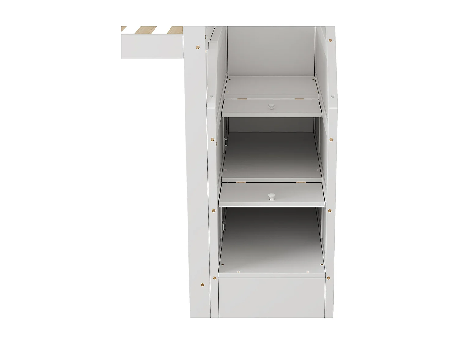 Lit en mezzanine 90x200 cm, avec sommier à lattes, rails, marches escamotables, espace librement combinable sur demande, certifié EN 747, blanc