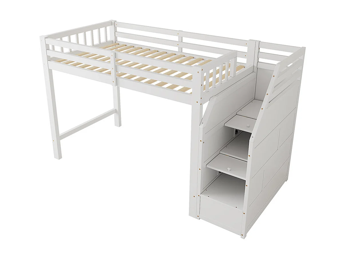 Lit en mezzanine 90x200 cm, avec sommier à lattes, rails, marches escamotables, espace librement combinable sur demande, certifié EN 747, blanc