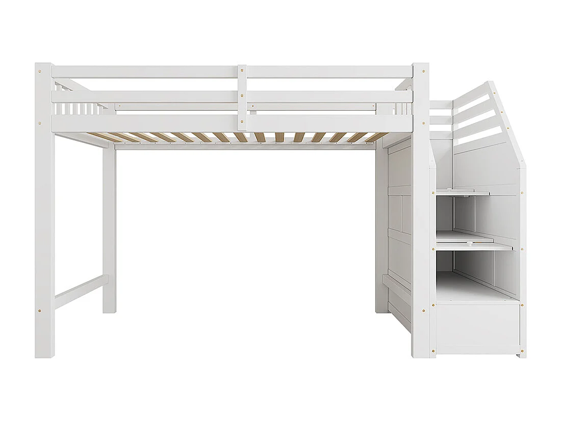 Lit en mezzanine 90x200 cm, avec sommier à lattes, rails, marches escamotables, espace librement combinable sur demande, certifié EN 747, blanc