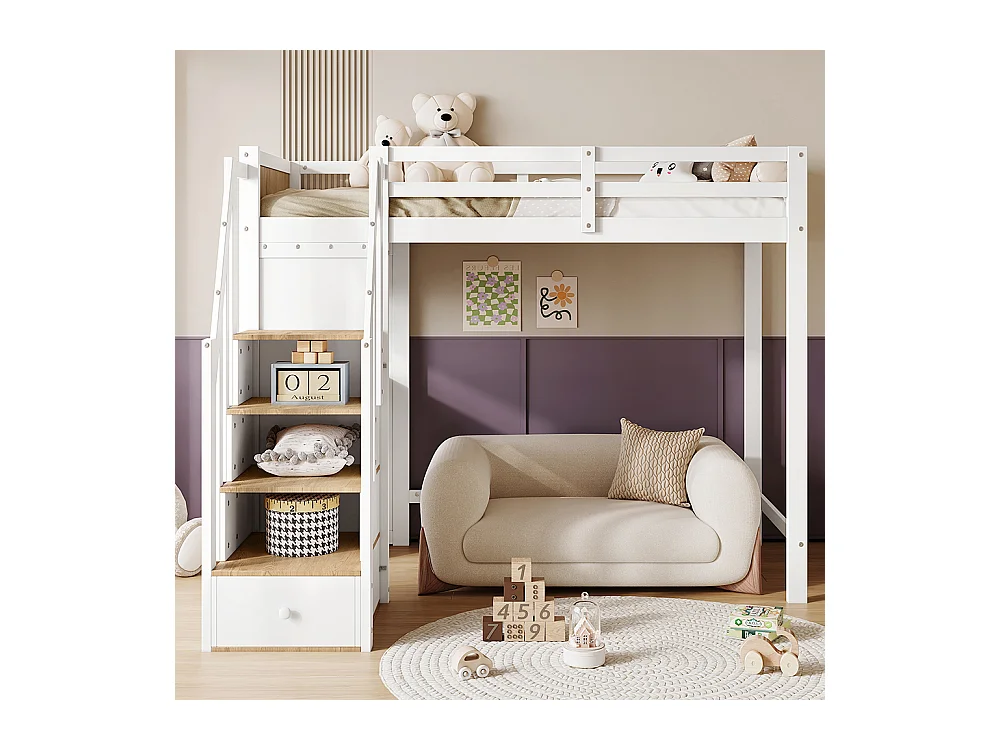 Lit superposé pour enfants 90x200cm, bureau avec 3 tiroirs, armoire à échelle 4 sections, étagères ouvertes, blanc + couleurs naturelles