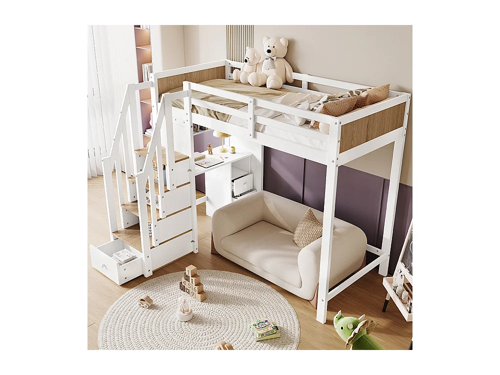 Letto a castello per bambini 90x200 cm, scrivania con 3 cassetti, armadio con scala a 4 sezioni, scaffali aperti, bianco + naturale