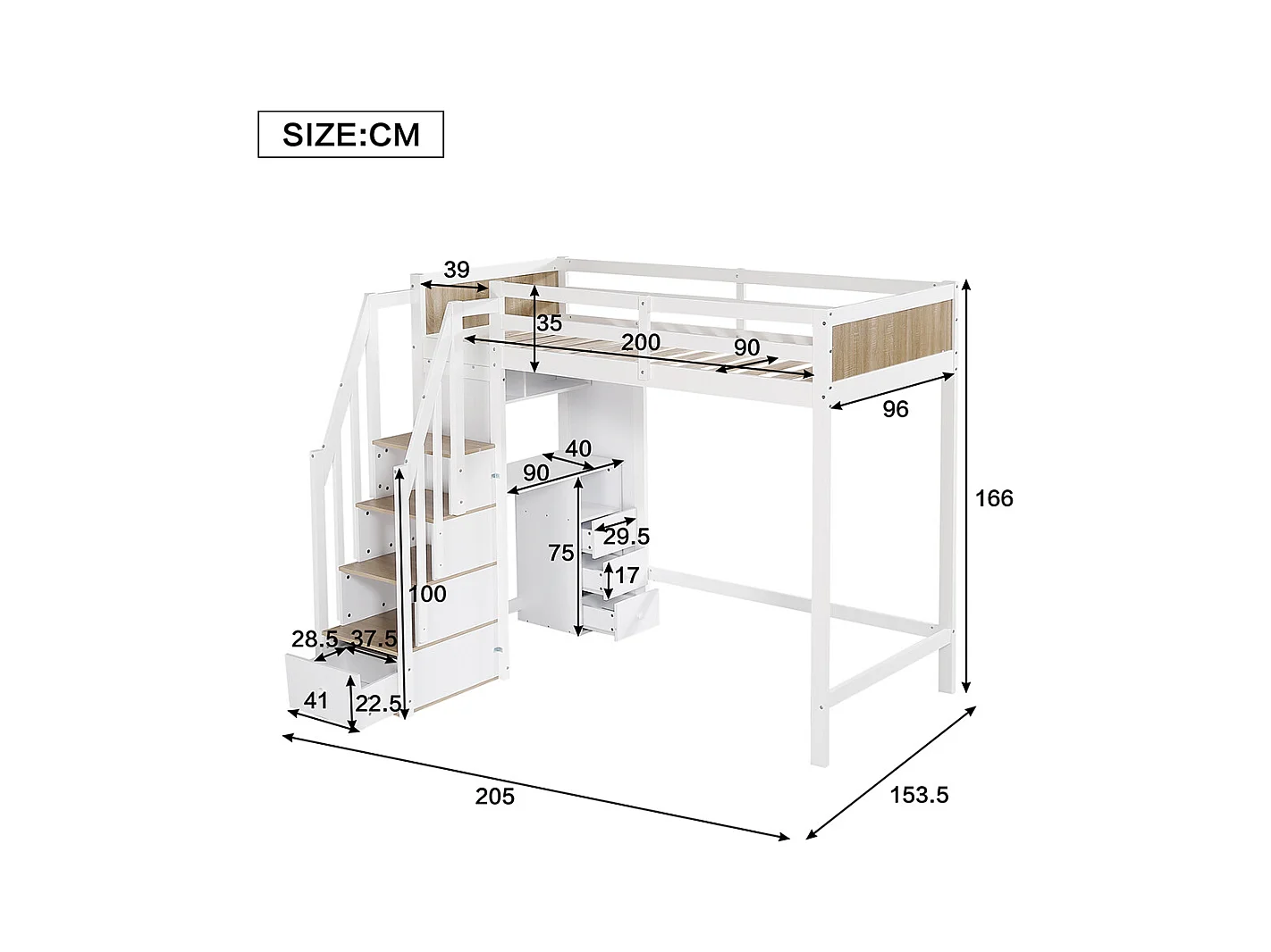 Letto a castello per bambini 90x200 cm, scrivania con 3 cassetti, armadio con scala a 4 sezioni, scaffali aperti, bianco + naturale