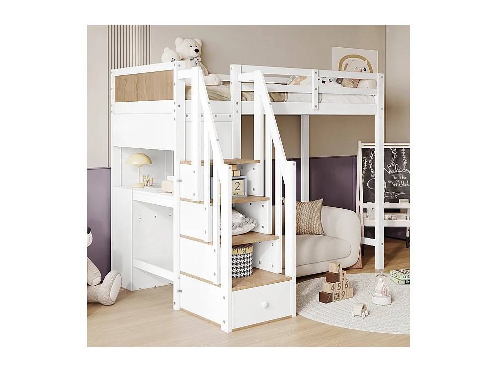 Letto a castello per bambini 90x200 cm, scrivania con 3 cassetti, armadio con scala a 4 sezioni, scaffali aperti, bianco + naturale