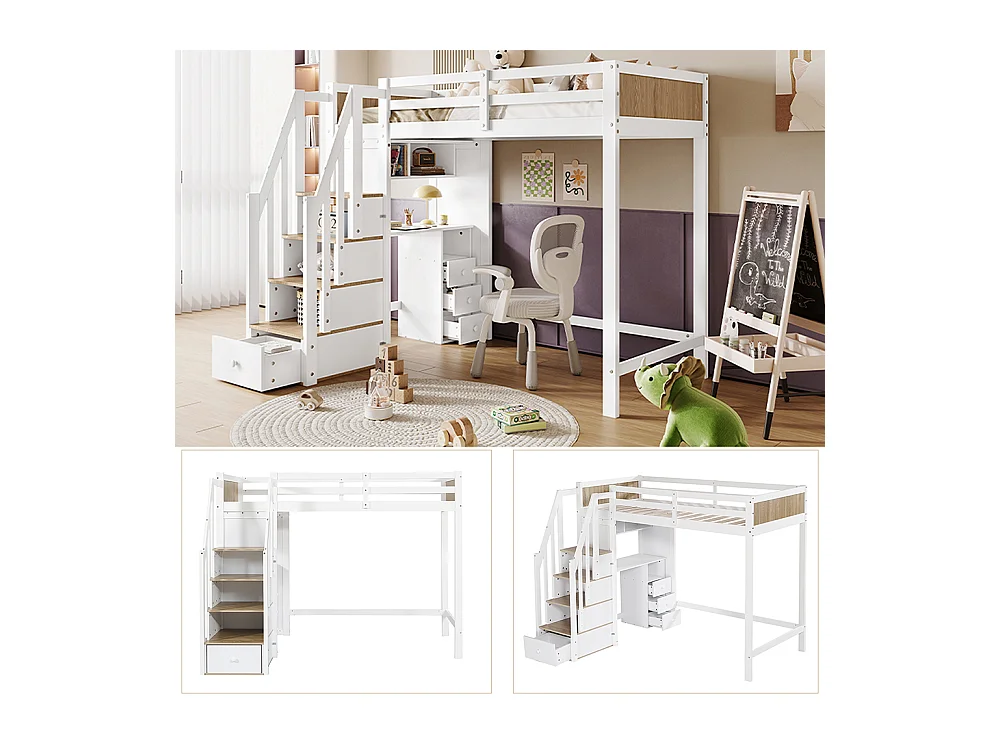 Letto a castello per bambini 90x200 cm, scrivania con 3 cassetti, armadio con scala a 4 sezioni, scaffali aperti, bianco + naturale