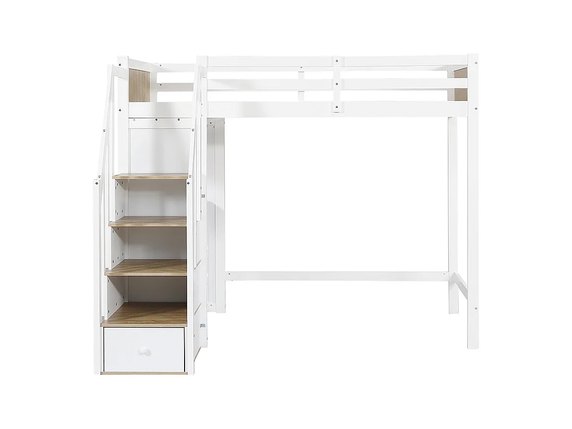 Letto a castello per bambini 90x200 cm, scrivania con 3 cassetti, armadio con scala a 4 sezioni, scaffali aperti, bianco + naturale