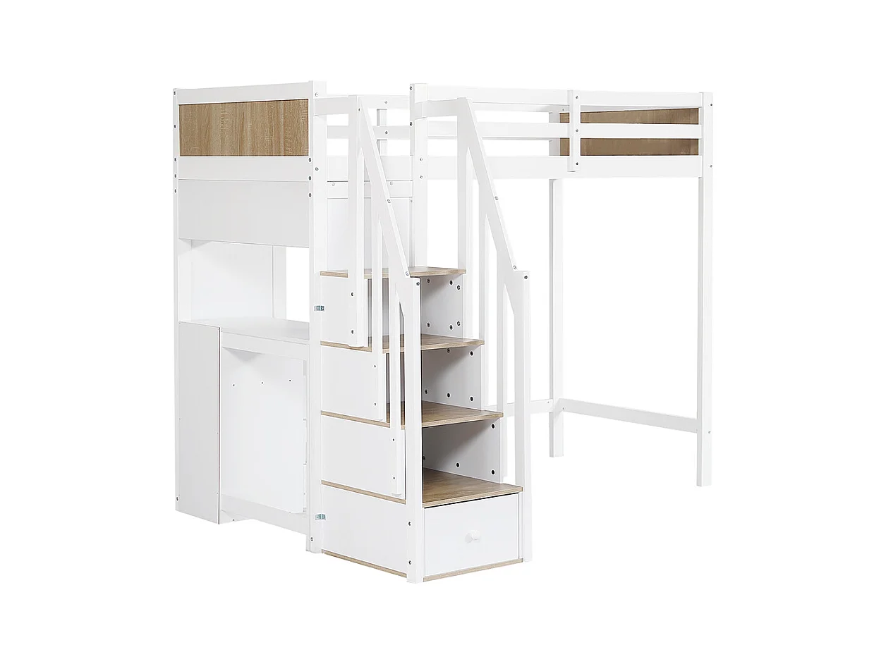 Letto a castello per bambini 90x200 cm, scrivania con 3 cassetti, armadio con scala a 4 sezioni, scaffali aperti, bianco + naturale