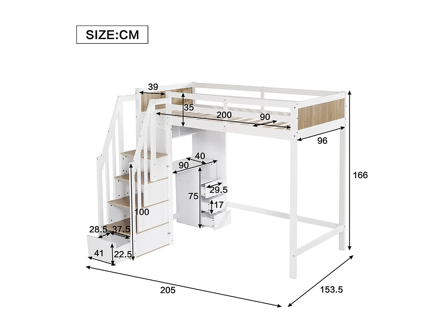 Lit superposé pour enfants 90x200cm, bureau avec 3 tiroirs, armoire à échelle 4 sections, étagères ouvertes, blanc + couleurs naturelles